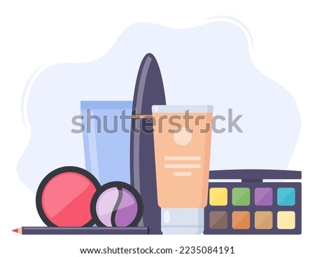 Decorative cosmetics, beautiful composition. Everything for make up. Eye shadow, mascara, nail Polish, foundation, brush, lipstick, cream cosmetic pencil Vector illustration