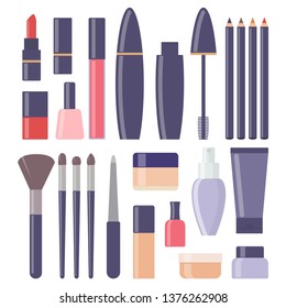 Decorative cosmetics, big set of icons. Eye shadow, mascara, nail polish, powder, foundation, brush, lipstick, cream cosmetic pencils, nail file perfume Vector illustration flat style