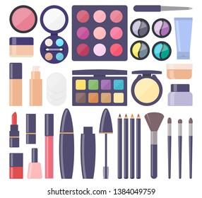 Decorative cosmetics, big set of icons. Everything for make up. Eye shadow, mascara, nail Polish, powder, foundation, brush, lipstick, cream cosmetic pencils Vector illustration flat style