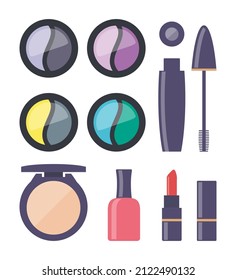 Cosméticos decorativos, grandes íconos. Todo para inventar. Sombra ocular, mascara, clavo polaco, polvo, cimiento, pincel, lápiz labial Ilustración vectorial