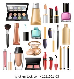 Decorative cosmetics blank packages set. Make-up products realistic vector illustrations collection in 3d. Eye shadow palette, foundation, lotion tubes, lipsticks. Beauty and skincare isolated items.
