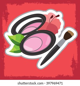 Decorative cosmetics, blush face and brush on pink grunge background. Colored illustration for design blog, magazine, article, beauty, department of decorative cosmetics in a store or mall.