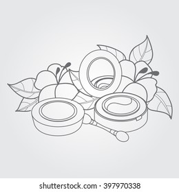Decorative cosmetics, blush and shadow. Makeup Tools. Outline drawing.