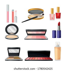 Decorative Cosmetics or Color Cosmetics with Eye Shadow and Facepowder Vector Set