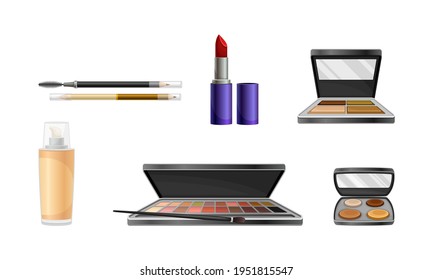 Decorative Cosmetics or Color Cosmetics with Eye Shadow and Facepowder Vector Set