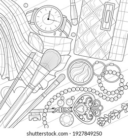 Decorative cosmetics and decorations on the table.Coloring book antistress for children and adults. Illustration isolated on white background.Zen-tangle style. Hand draw