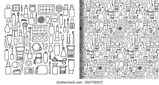 Decorative cosmetics doodle set and seamless pattern