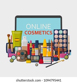 Decorative cosmetics for face, lips, skin, eyes, nails, eyebrows and beautycase. Make up background. Flat icons collection.  Vector illustration.