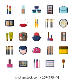 Decorative cosmetics for face, lips, skin, eyes, nails, eyebrows and beautycase. Make up background. Flat icons collection.  Vector illustration.