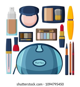 Decorative cosmetics for face, lips, skin, eyes, nails, eyebrows and beautycase. Make up background. Flat icons collection.  Vector illustration.