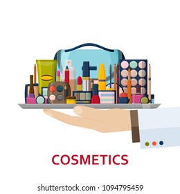 Decorative cosmetics for face, lips, skin, eyes, nails, eyebrows and beautycase. Make up background. Flat icons collection.  Vector illustration.