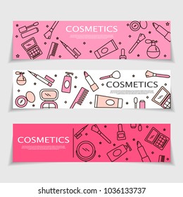 Decorative cosmetics horizontal banners set in linear style with different types of skin care and beauty products, vector illustration