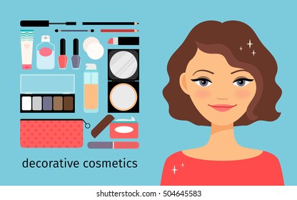 Decorative cosmetics horizontal vector illustration with beautiful girl