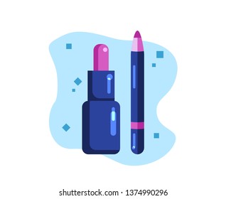 Decorative cosmetics. Lip care. Lipstick and cosmetic pencil. Flat Vector Illustration