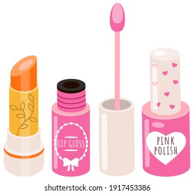 Decorative cosmetics lipstick and nail polish set of items, accessories for women's makeup and beauty. Pink lip gloss tube with a sponge brush. Lip care cosmetic accessory. Nail polish beauty hands