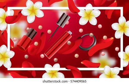 decorative cosmetics make up accessories beauty store.  Summer  or spring background with tropical flowers and rose petals 