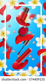 decorative cosmetics make up accessories beauty store.  Summer  or spring background with tropical flowers and rose petals 