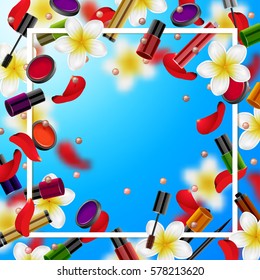 decorative cosmetics make up accessories beauty store.  Summer or spring  background with tropical flowers and rose petals.