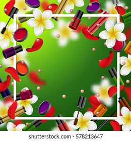 decorative cosmetics make up accessories beauty store.  Summer or spring  background with tropical flowers and rose petals.