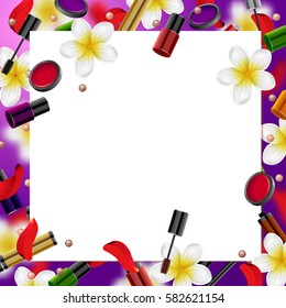 decorative cosmetics make up accessories beauty store.  Summer or spring  background with tropical flowers and rose petals.