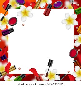 decorative cosmetics make up accessories beauty store.  Summer or spring  background with tropical flowers and rose petals.