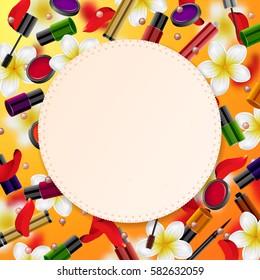 decorative cosmetics make up accessories beauty store.  Summer or spring  background with tropical flowers and rose petals.