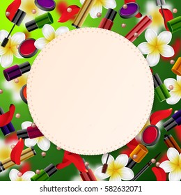 decorative cosmetics make up accessories beauty store.  Summer or spring  background with tropical flowers and rose petals.