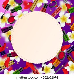 decorative cosmetics make up accessories beauty store.  Summer or spring  background with tropical flowers and rose petals.