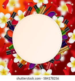 decorative cosmetics make up accessories beauty store.  Summer or spring background with tropical flowers and rose petals