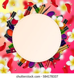 decorative cosmetics make up accessories beauty store.  Summer or spring background with tropical flowers and rose petals