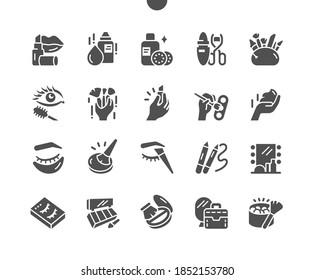 Decorative cosmetics and makeup brushes. Lipstick, mascara, eye patches, cream and powder. Beauty products. Vector Solid Icons. Simple Pictogram