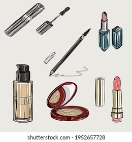 Decorative cosmetics and makeup brushes on a white background, top view. Makeup kit. Care and decorative cosmetics store, advertisement, banner. Vector isolated objects.