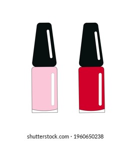 Decorative cosmetics, pink and red bottles with nail polish, vector isolated object on a white background in a flat style.