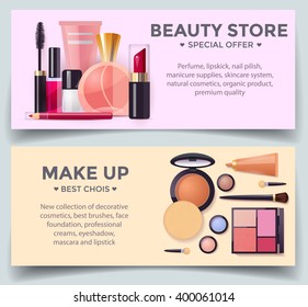 Decorative cosmetics poster template with lipstick, mascara, perfume and make up products, detailed vector illustration