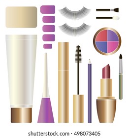 Decorative cosmetics products set. Isolated Beauty makeup package.