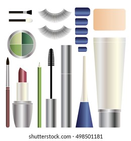 Decorative cosmetics products set. Isolated Beauty makeup package.