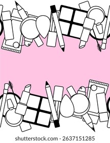 Decorative cosmetics seamless border horizontal frame template Vector graphic line illustration. Black and white cute cosmetic makeup art. Layout with makeup products for visage.
