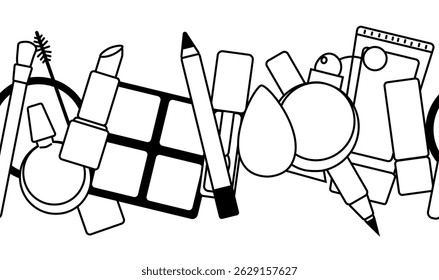 Decorative cosmetics Seamless horizontal border. Vector graphic line illustration. Black and white cute cosmetic makeup art. Layout with makeup products for visage. For logo, web, package, sticker.

