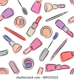 Decorative cosmetics seamless pattern on white background. Make-up items.Beauty products.