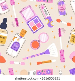 Decorative cosmetics seamless pattern. Trendy hand drawn flat style.