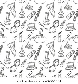 Decorative cosmetics seamless pattern. Vector make-up for woman background