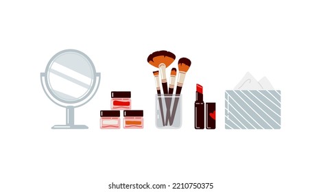 Decorative cosmetics set with makeup items on white background.Perfumes,brushes for makeup,eye shadows in small jars,lipstick and tissue box.Flat vector illustration