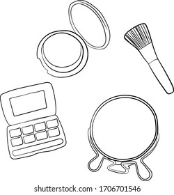 Cosméticos decorativos. Polvo, sombra, espejo, pincel facial. Esbozo en fondo blanco, líneas negras. Vector.