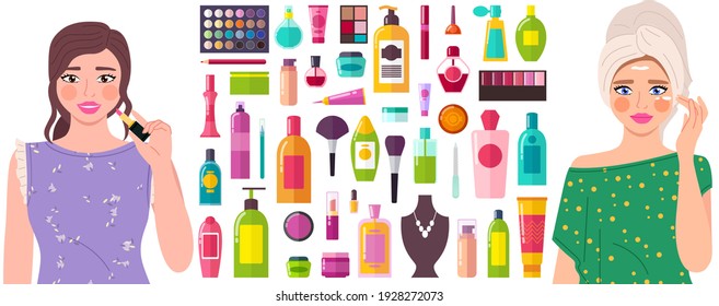 Decorative cosmetics tools a set of bottles and sprays. Beauty products and the girl shows proper skin care. Brush, body lotion, perfume, lipstick, pencil, powder, eyeshadow, face and hand cream