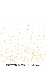 Decorative cosmic pattern on white with christmas stars background, gold glitter vector confetti, magic sparkles. Golden stars and gold sparkles, shining glitter flying vector print background.