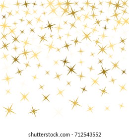Decorative cosmic pattern on white with christmas stars background, gold glitter vector confetti, magic sparkles. Golden stars and gold sparkles, shining glitter flying vector print background.