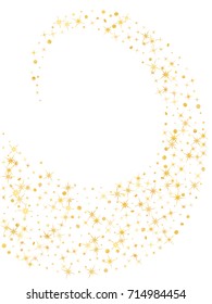 Decorative cosmic pattern on white with christmas stars background, gold glitter vector confetti, magic sparkles. Golden stars and gold sparkles, shining glitter flying vector print background.