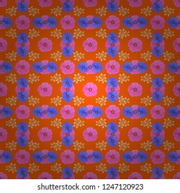 Decorative cosmos flowers repeating pattern. Vector illustration. Abstract elegance seamless pattern with floral motifs in orange, pink and violet colors.