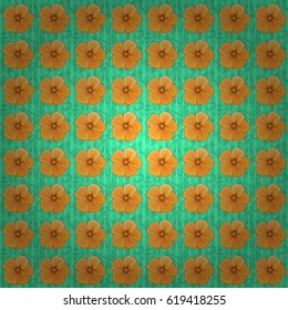Decorative cosmos flowers repeating pattern. Vector illustration. Abstract elegance seamless pattern with floral motifs on a green background.