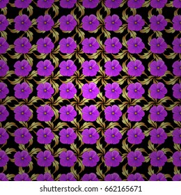 Decorative cosmos flowers repeating pattern. Vector illustration. Abstract elegance seamless pattern with floral motifs on a black background.